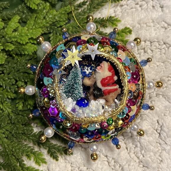Handmade Other - Diorama Christmas Ornament Sequins Beads Santa Reindeer Mushroom Tree Vintage